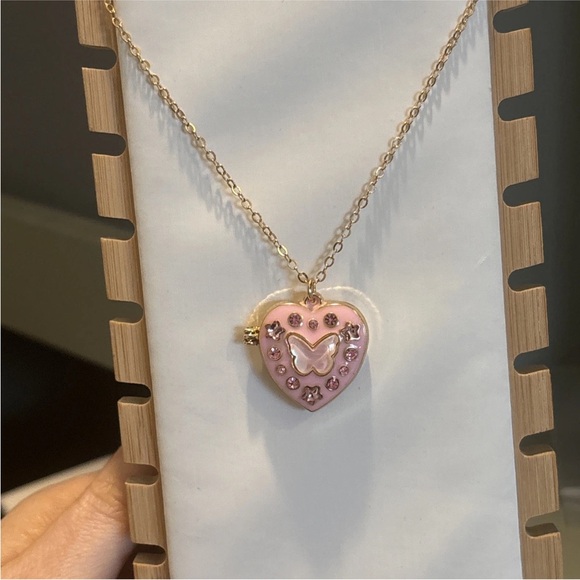 Pink Butterfly Heart Locket Necklace | Gold Plated | Cute Gift Jewelry | New - Picture 6 of 9